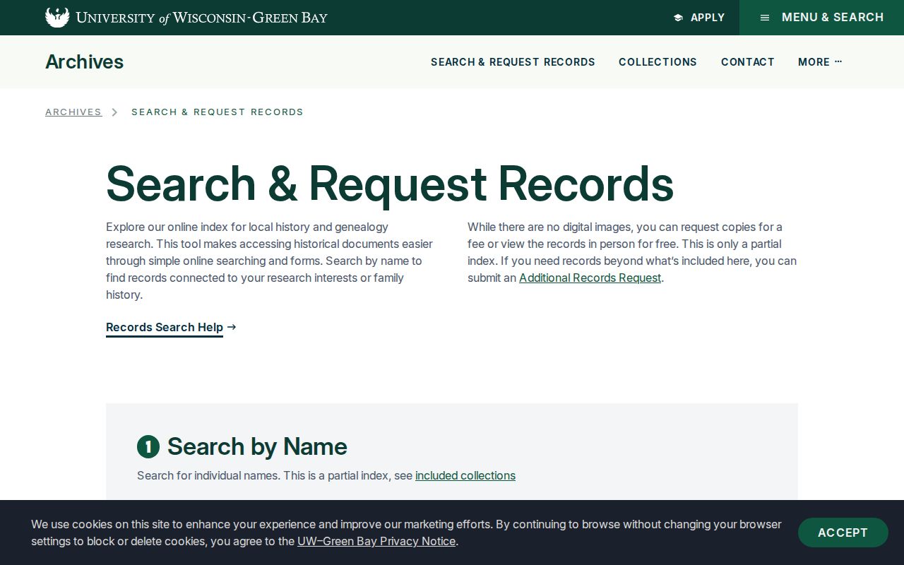 Brown County previous residents UWGB archive search request